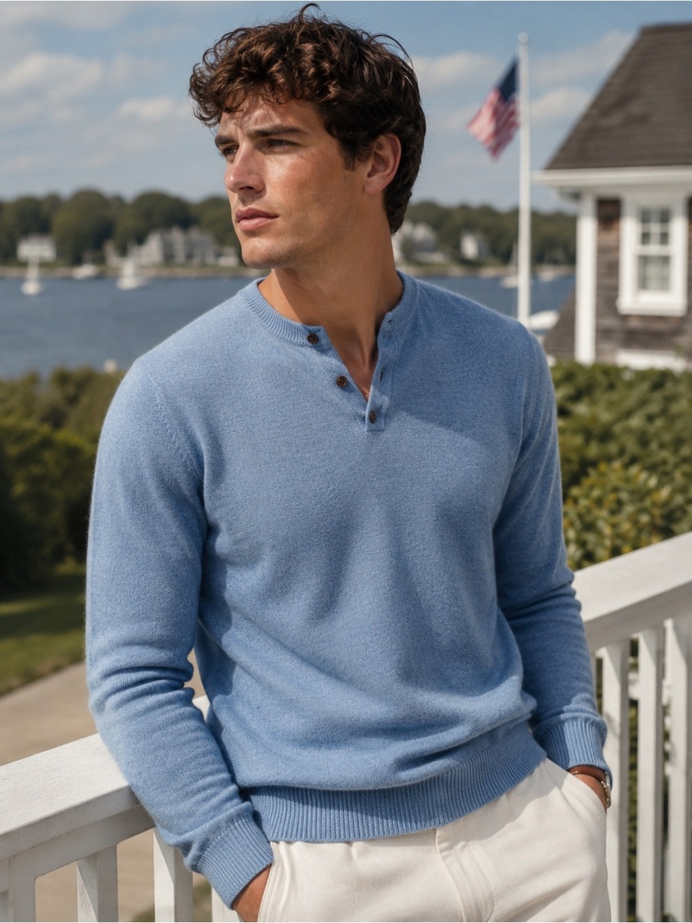 Raffi Cashmere Merino Wool Sweater Medium Blue Henley Luxury Knit